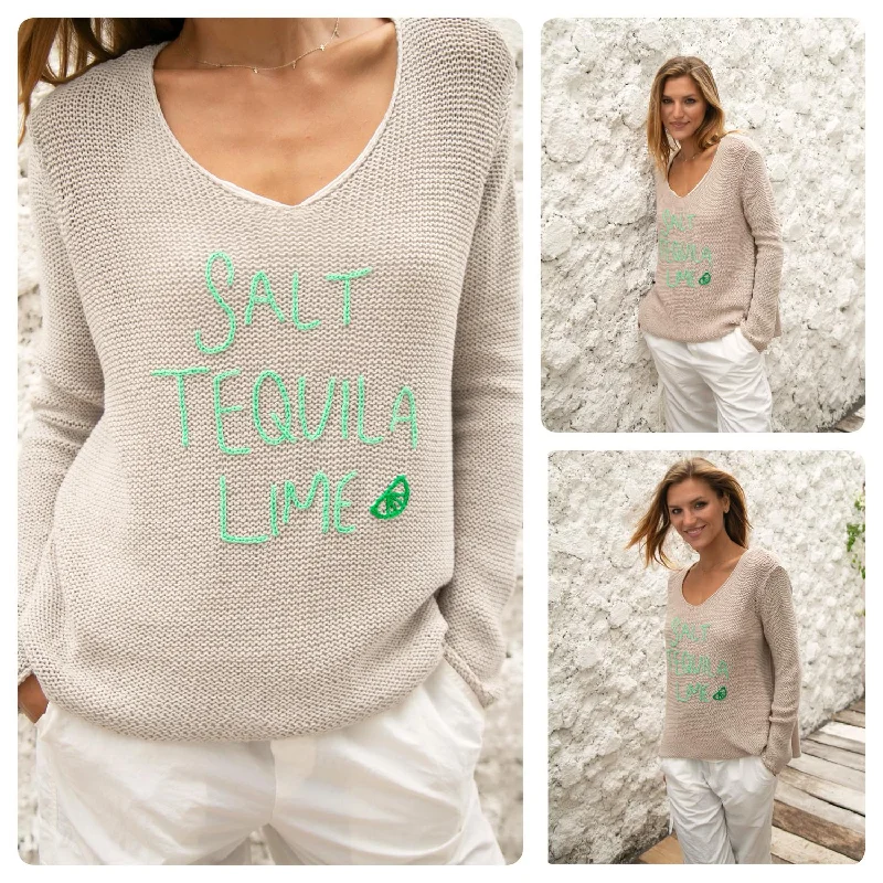 Salt Tequila Lime V Neck Cotton Sweater In Khaki