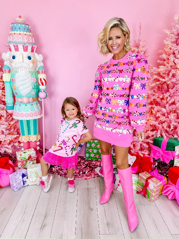 CANDY GARLAND SWEATSHIRT DRESS - HOT PINK