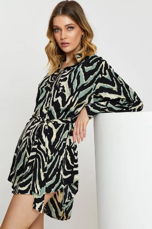 Print Mini Dress Long Sleeve Evening