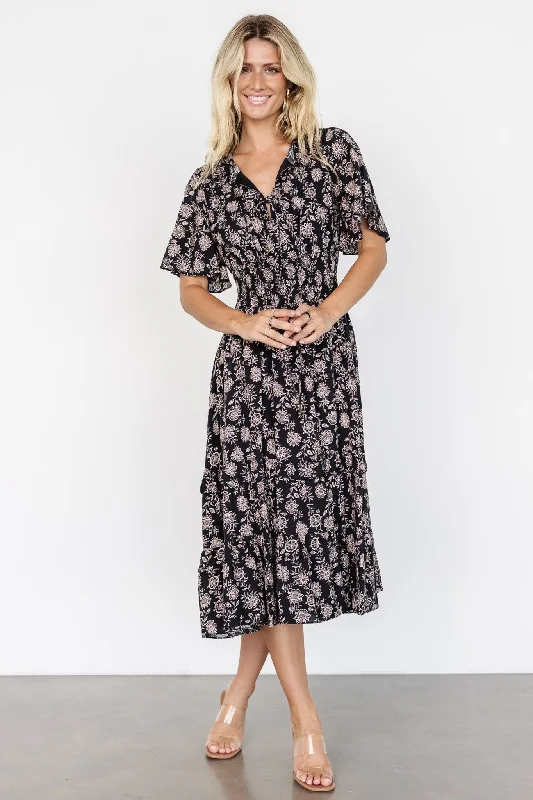 Spell Boho Midi Dress | Black + Taupe Floral