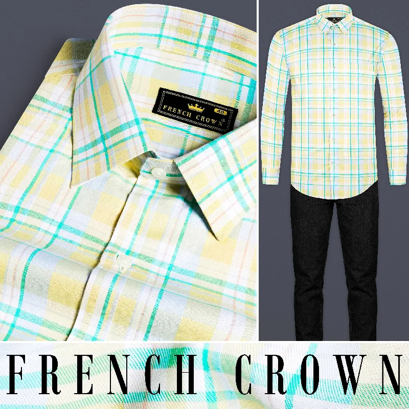 Arylide Brown with White and Teal Green Twill Plaid Premium Cotton Shirt