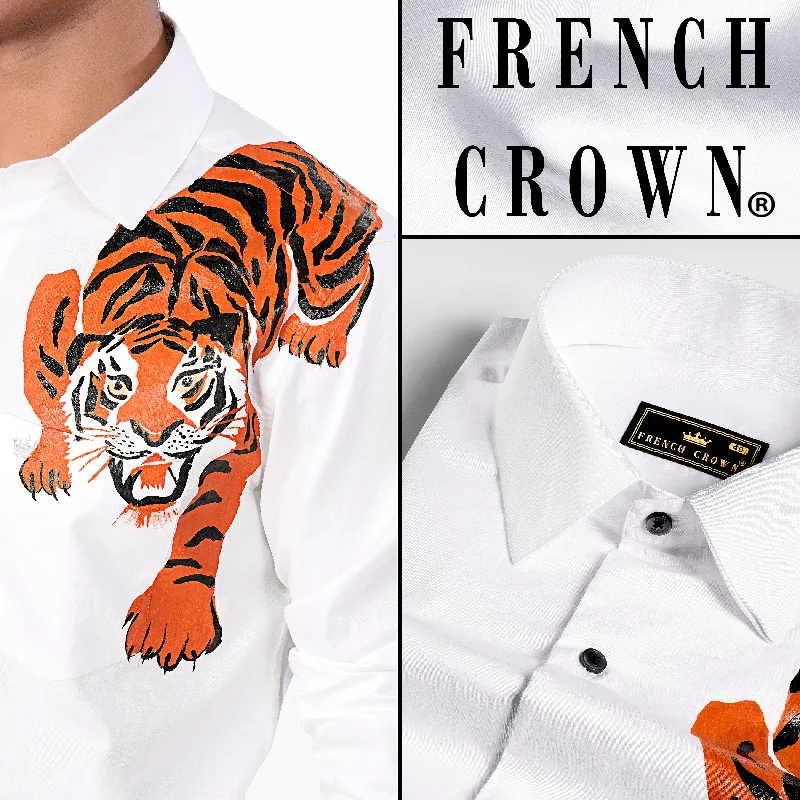 Bright White Tiger Hand Painted Super Soft Premium Cotton Designer Shirt