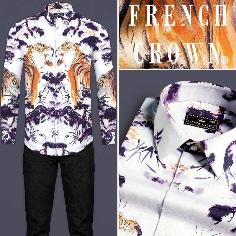 Bright White with Regalia Purple and Tangerine Orange Tigers and Trees Printed Subtle Sheen Super Soft Premium Cotton Designer Shirt