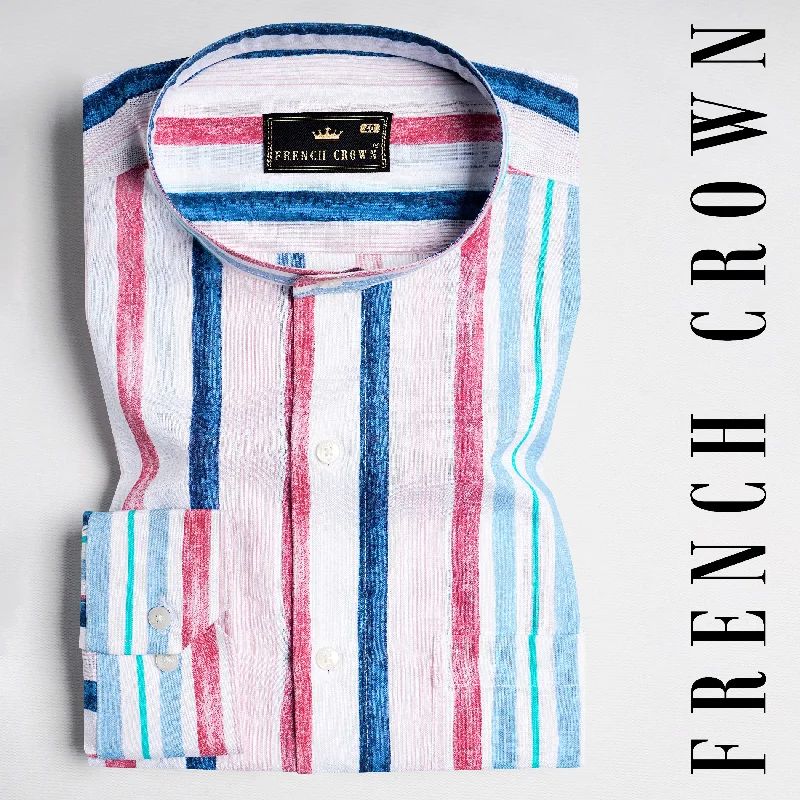 Bright White with Yale Blue and Cerise Pink Multicolour Striped Chambray Shirt