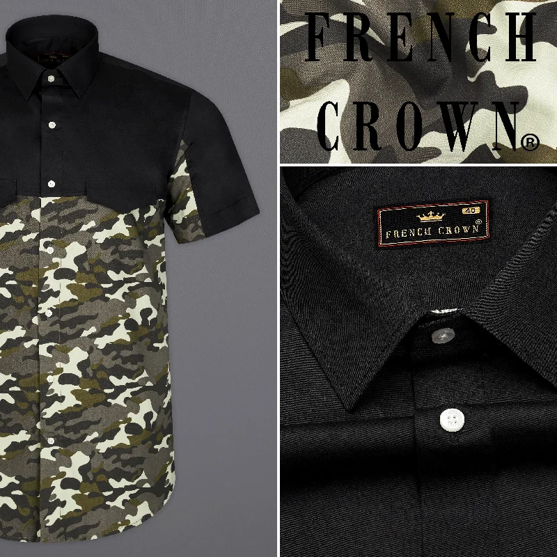 Jade Black with Birch Brown and Eggshell Cream Camouflage Royal Oxford Half Sleeves Designer Shirt