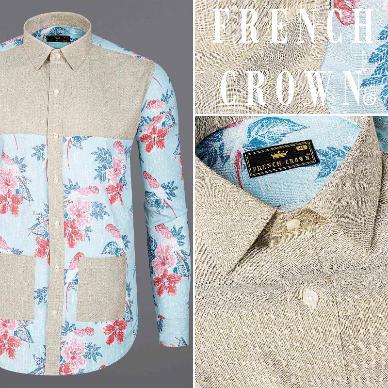 Mercury Blue Floral Printed and Cold Turkey Brown Chambray Premium Cotton Designer Shirt