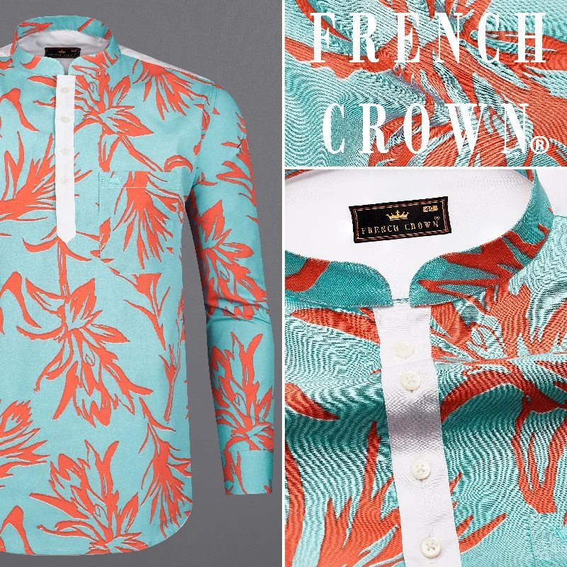 Tiffany Blue with Flamingo Red Printed Premium Cotton Mandarin Collar Designer Shirt