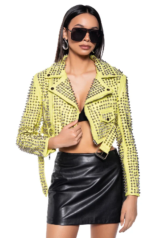 GAZETTE SULPHUR EDITION CROP MOTO JACKET WITH 3000 STUDS