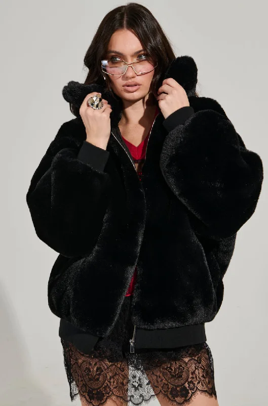 DREW STREET LONG FAUX FUR ZIP UP JACKET IN BLACK