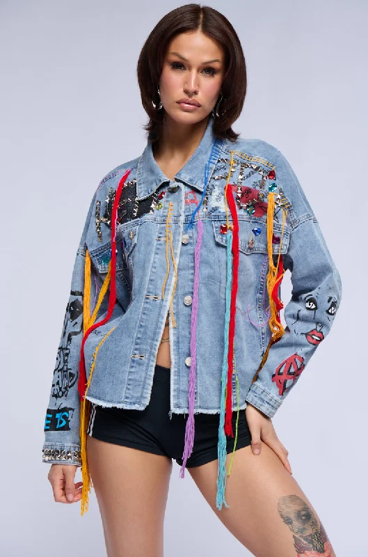 LOST IN THE CITY STUDDED YARN APPLIQUE DENIM JACKET