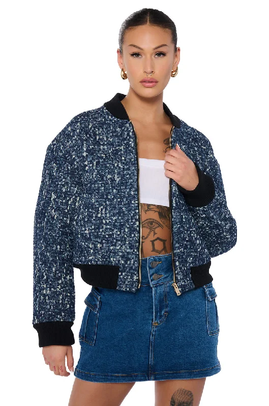 MICRO DENIM WEAVE BOMBER JACKET