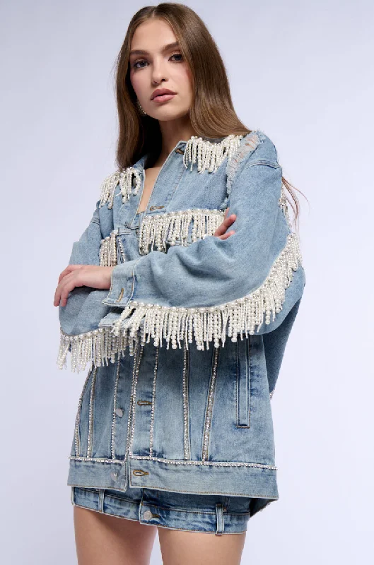 SHOW STOPPER PEARL EMBELLISHED DENIM JACKET