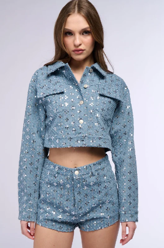 TEXTURED SEQUIN DENIM CROP JACKET