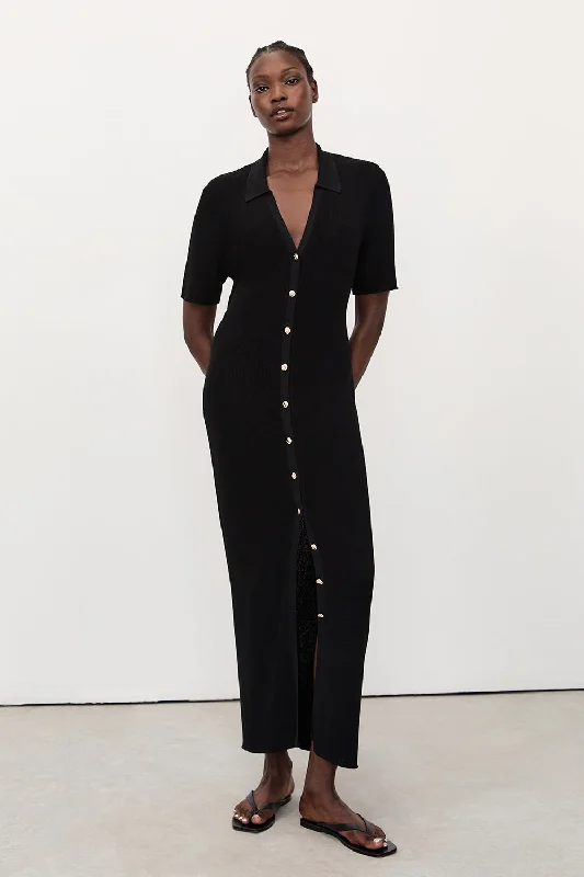 LIAM BLACK KNIT POLO MAXI DRESS