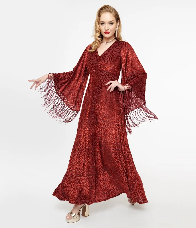 Smak Parlour 1970s Burgundy Velvet Burnout Fringe Sleeve Maxi Dress