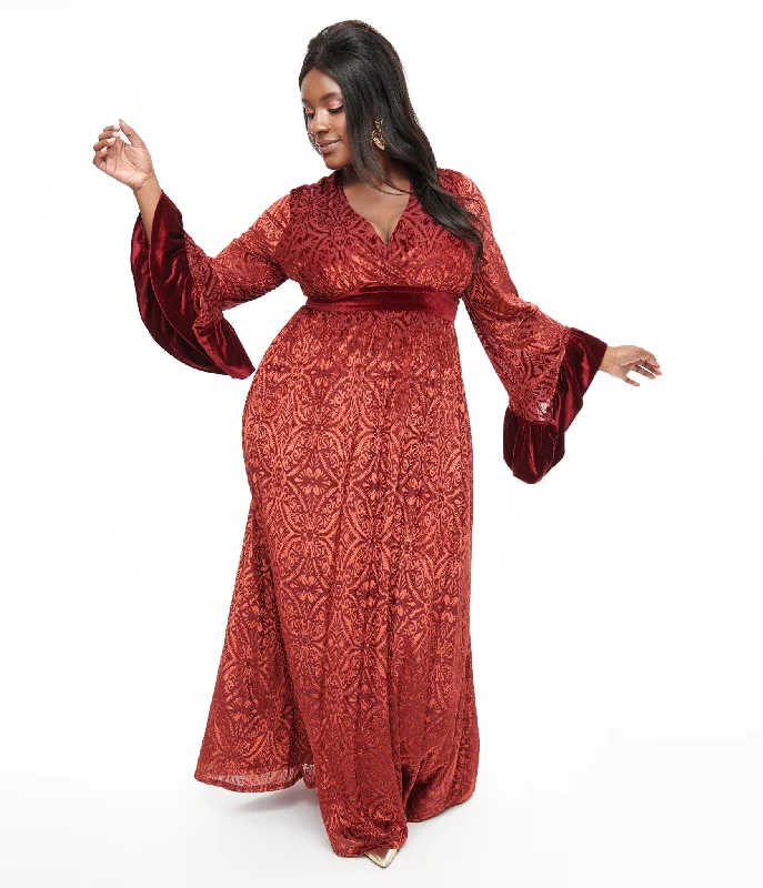 Unique Vintage Plus Size 1970s Burgundy Velvet Burnout Maxi Dress