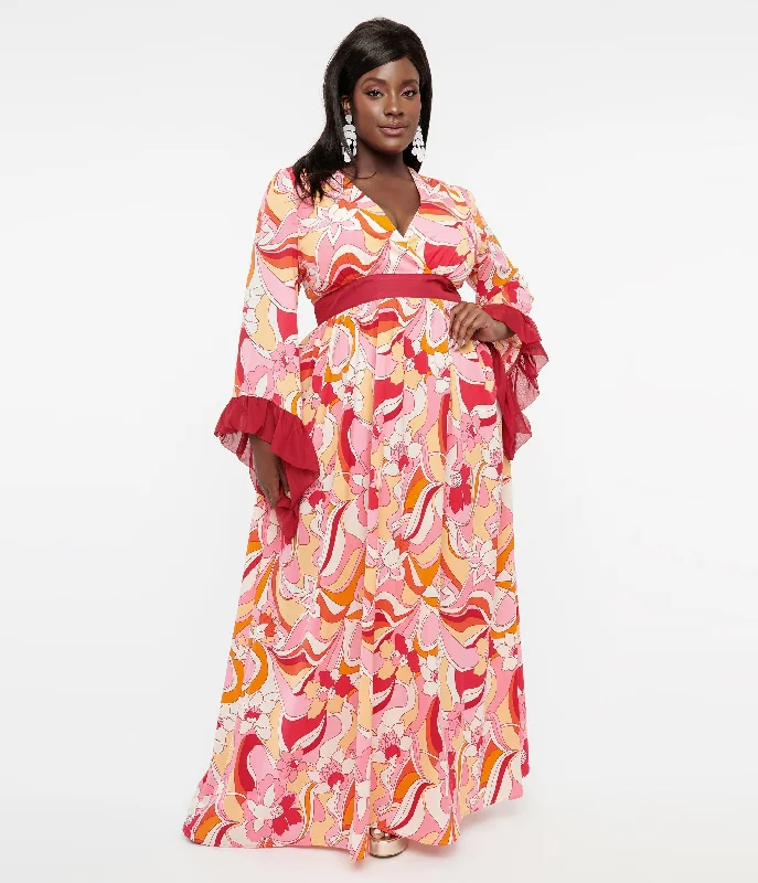 Unique Vintage Plus Size 1970s Pink & Red Psychedelic Floral Maxi Dress