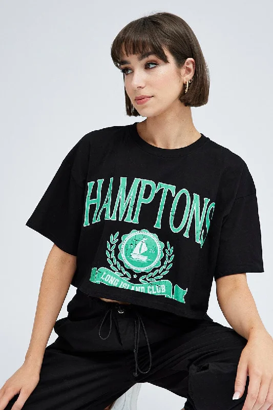 Black Graphic Crop T Shirt Short Sleeve Crew Neck