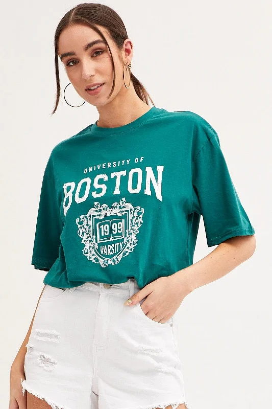 Green T Shirt Short Sleeve Crew Neck Boston Cotton