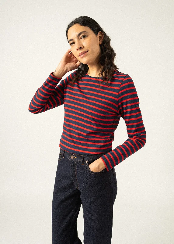 MINQUIDAME - Breton Striped Shirt with Long Sleeve | Soft Cotton | Women Fit (NAVY / RED)